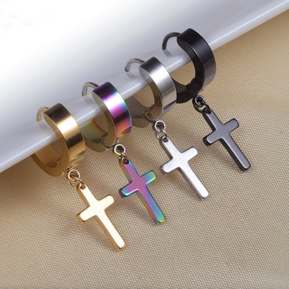 Black Stainless Steel Cross Drop Earrings - Picture 9 of 10